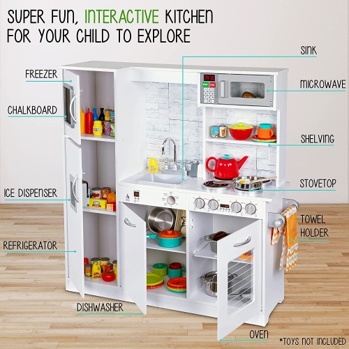 Jumbl Kitchen Set, Pretend Wooden Play Kitchen, Realistic Design, Interactive Battery Operated Sound Elements, Includes Microwave, Ice Machine,