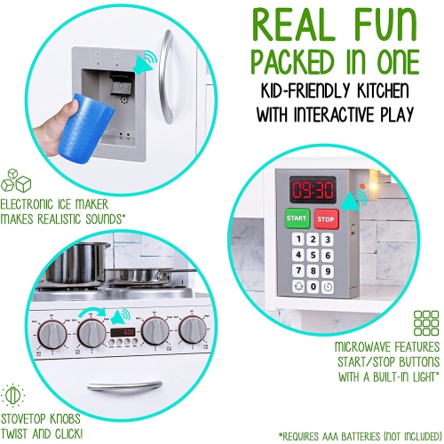 Jumbl Kitchen Set, Pretend Wooden Play Kitchen, Realistic Design, Interactive Battery Operated Sound Elements, Includes Microwave, Ice Machine,