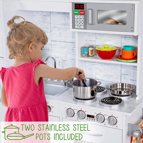 Jumbl Kitchen Set, Pretend Wooden Play Kitchen, Realistic Design, Interactive Battery Operated Sound Elements, Includes Microwave, Ice Machine,
