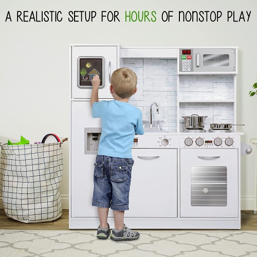 Jumbl Kitchen Set, Pretend Wooden Play Kitchen, Realistic Design, Interactive Battery Operated Sound Elements, Includes Microwave, Ice Machine,