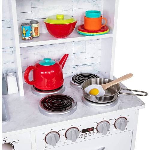 Jumbl Kitchen Set, Pretend Wooden Play Kitchen, Realistic Design, Interactive Battery Operated Sound Elements, Includes Microwave, Ice Machine,