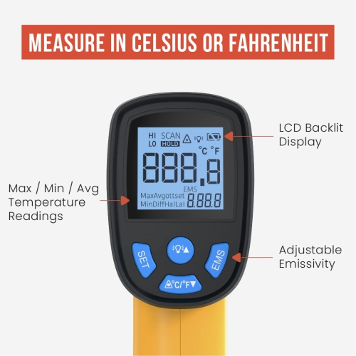 Chef Pomodoro Infrared Thermometer, Backlit LCD Display, -58℉~1022℉ Temperature Gun, (Not for Human-Use), Red Laser, Adjustable Emissivity, No Touch