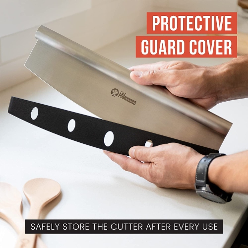 Chef Pomodoro Pizza Cutter Rocker Knife with Protective Cover, Multipurpose 14 Inch Mezzaluna Chopper with Super Sharp Stainless Steel Blade, Blade