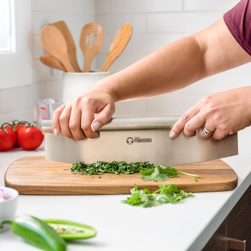 Chef Pomodoro Pizza Cutter Rocker Knife with Protective Cover, Multipurpose 14 Inch Mezzaluna Chopper with Super Sharp Stainless Steel Blade, Blade