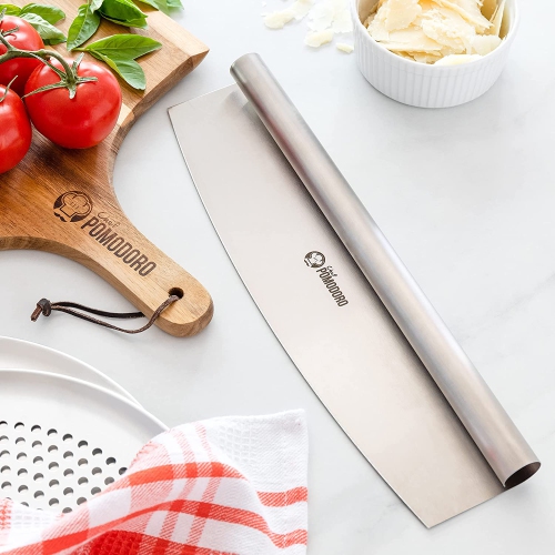 Chef Pomodoro Pizza Cutter Rocker Knife with Protective Cover, Multipurpose 14 Inch Mezzaluna Chopper with Super Sharp Stainless Steel Blade, Blade