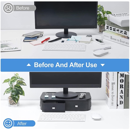 Adjustable Heights Plastic Computer Monitor Stand Riser with 2 Storage Drawers, Phone Holder Laptop Stand for Desk -Black