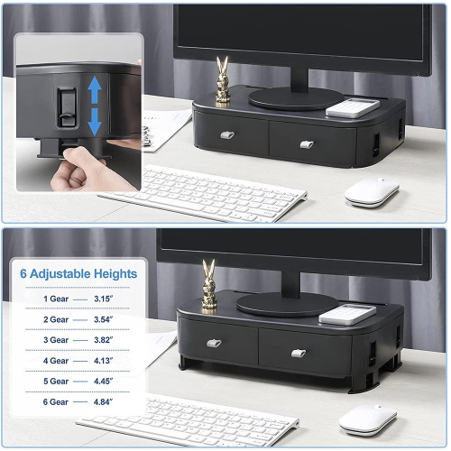 Adjustable Heights Plastic Computer Monitor Stand Riser with 2 Storage Drawers, Phone Holder Laptop Stand for Desk -Black
