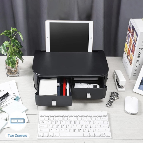 Adjustable Heights Plastic Computer Monitor Stand Riser with 2 Storage Drawers, Phone Holder Laptop Stand for Desk -Black