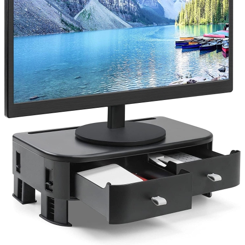 Adjustable Heights Plastic Computer Monitor Stand Riser with 2 Storage Drawers, Phone Holder Laptop Stand for Desk -Black