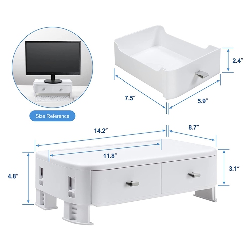 Adjustable Heights Plastic Computer Monitor Stand Riser with 2 Storage Drawers, Phone Holder Laptop Stand for Desk -Black