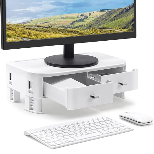 Adjustable Heights Plastic Computer Monitor Stand Riser with 2 Storage Drawers, Phone Holder Laptop Stand for Desk -Black