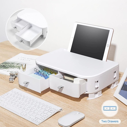 Height Adjustable Computer Monitor Stand Riser with 2 Plastic Storage Drawers,14.17 x8.66 x3.15 inches Phone Holder Laptop Stand for Desk