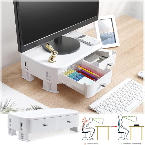 Height Adjustable Computer Monitor Stand Riser with 2 Plastic Storage Drawers,14.17 x8.66 x3.15 inches Phone Holder Laptop Stand for Desk