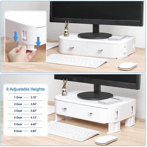 Height Adjustable Computer Monitor Stand Riser with 2 Plastic Storage Drawers,14.17 x8.66 x3.15 inches Phone Holder Laptop Stand for Desk