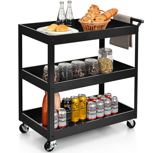 Topbuy 3-Tier Rolling Cart Storage Organizer Metal Utility Cart w/Wheels for Kitchen Library Office Black
