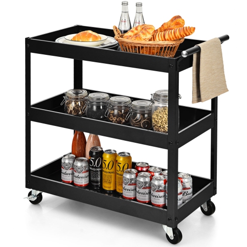 Topbuy 3-Tier Rolling Cart Storage Organizer Metal Utility Cart w/Wheels for Kitchen Library Office Black
