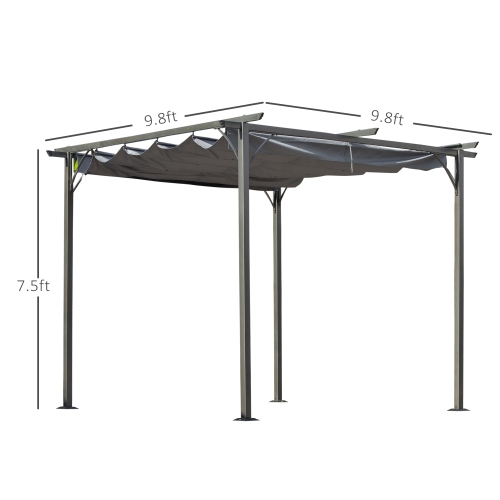 Outsunny 10' Outdoor Pergola Gazebo Garden Retractable Sun Shade Deck Lawn Covered Modern Square Canopy Backyard Patio BBQ Shelter Grey