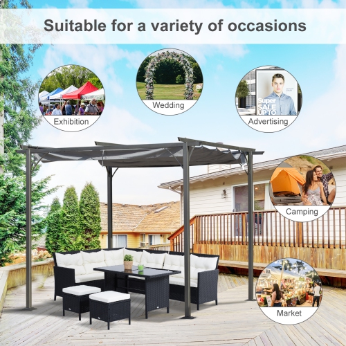 Outsunny 10' Outdoor Pergola Gazebo Garden Retractable Sun Shade Deck Lawn Covered Modern Square Canopy Backyard Patio BBQ Shelter Grey