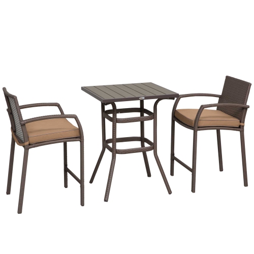 Outsunny 3pc Outdoor Wicker Bistro Bar Set Garden PE Rattan Bar Table and Stools with Seat Cushion, Brown, Khaki