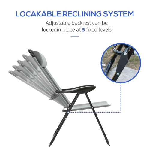 Outsunny Set of 4 Camping Chairs, Outdoor Folding Lounge Chair Set with 5 Level Adjustable Backrest, Removable Headrest, Armrest for Camping,
