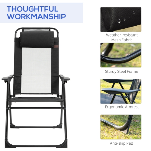 Outsunny Set of 4 Camping Chairs, Outdoor Folding Lounge Chair Set with 5 Level Adjustable Backrest, Removable Headrest, Armrest for Camping,