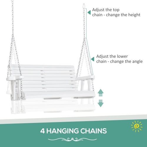 Outsunny 2 Seater Porch Swing Wooden Patio Swing Chair Seat with Cup Holder and Chains Outdoor Swing Bench for Garden Yard, White