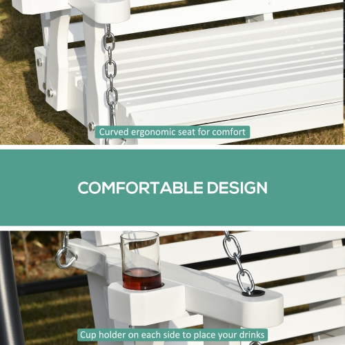 Outsunny 2 Seater Porch Swing Wooden Patio Swing Chair Seat with Cup Holder and Chains Outdoor Swing Bench for Garden Yard, White