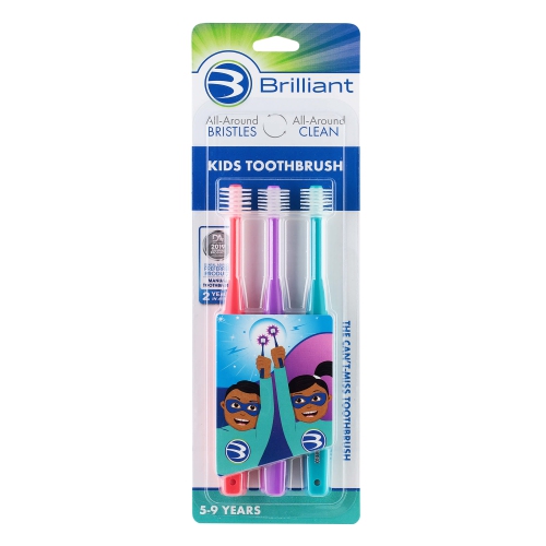 Brosse à dents pour enfants de 5-9 à 5 ans de Brilliant, tête ronde, soies en microfibre nettoyer tout autour, rouge-violet-sarcelle, paq./3