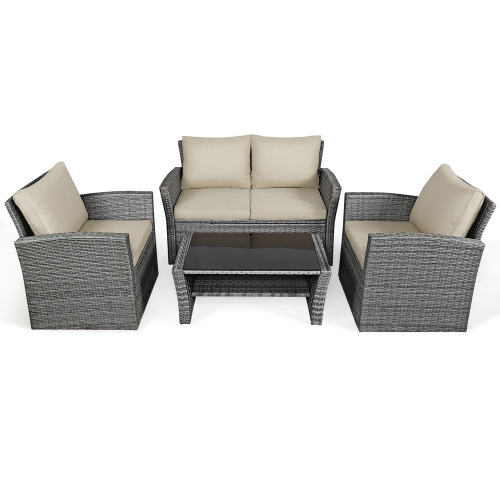 Costway 4PCS Patio Set Rattan Furniture Set Sofa Table Storage Shelf with Cushion