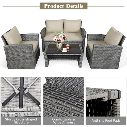 Costway 4PCS Patio Set Rattan Furniture Set Sofa Table Storage Shelf with Cushion