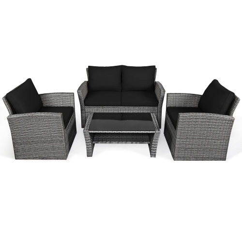 Costway 4PCS Patio Set Rattan Furniture Set Sofa Table Storage Shelf with Cushion