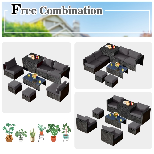 Costway 8PCS Patio Rattan Furniture Set Storage Table Ottoman