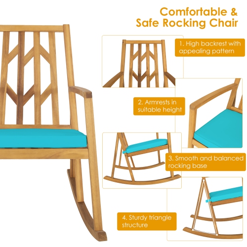 Costway Patio Rocking Chair Acacia Wood Armrest Cushioned Sofa Garden Deck