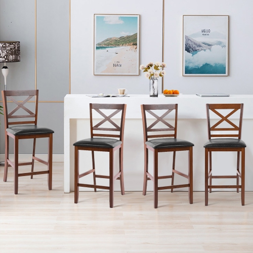 Costway Set of 4 Bar Stools 25" Counter Height Chairs w/ PU Leather Seat Walnut