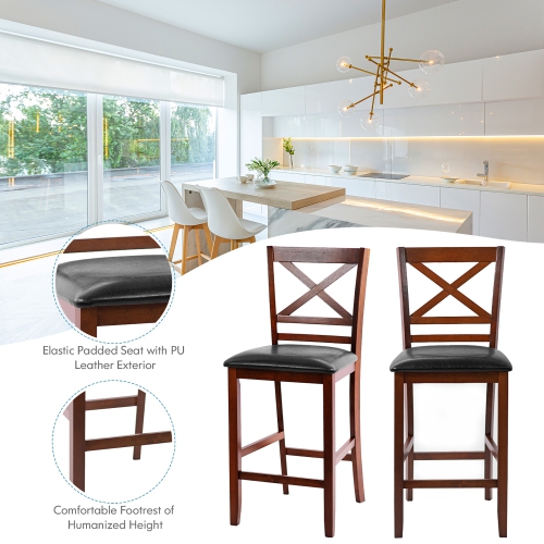 Costway Set of 4 Bar Stools 25" Counter Height Chairs w/ PU Leather Seat Walnut