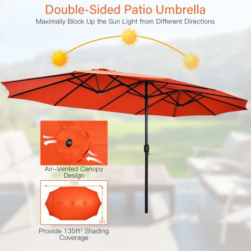 Costway 15FT Double-Sided Twin Patio Umbrella Outdoor Market W/ Crank & Base