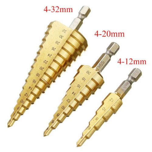 3Pcs Titanium Step Drill Bit High Speed Steel Drill Cone Bits HSS combined with a titanium coating. More capable and durable