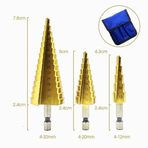 3Pcs Titanium Step Drill Bit High Speed Steel Drill Cone Bits HSS combined with a titanium coating. More capable and durable