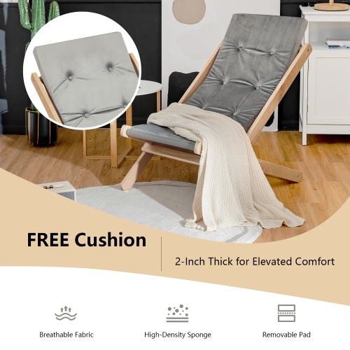 Costway Foldable Wood Beach Sling Chair 3-Position Adjustable Beech Chair w/Free Cushion