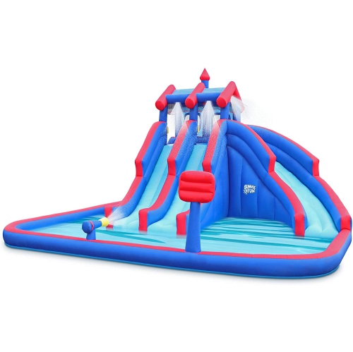 SUNNY & FUN  Deluxe Inflatable Water Triple Slide Park – Heavy-Duty Nylon Bouncy Station for Outdoor Fun - Climbing Wall, 3 Slides & Splash Pool –