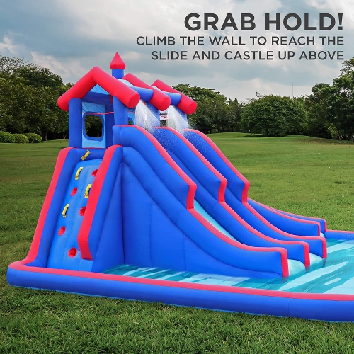 Deluxe Inflatable Water Triple Slide Park – Heavy-Duty Nylon Bouncy Station for Outdoor Fun - Climbing Wall, 3 Slides & Splash Pool – Easy to Set Up