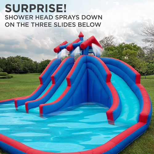 Deluxe Inflatable Water Triple Slide Park – Heavy-Duty Nylon Bouncy Station for Outdoor Fun - Climbing Wall, 3 Slides & Splash Pool – Easy to Set Up