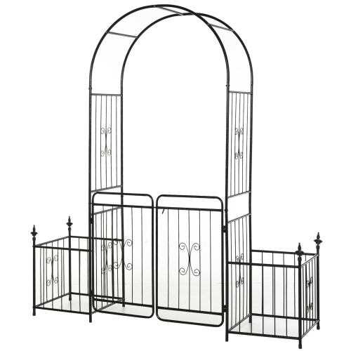 Arbor Arch de jardin en métal Outsunny 7,2FT avec portes doubles, 2 paniers-jardinières latérales, cadre de vigne grimpante, noir