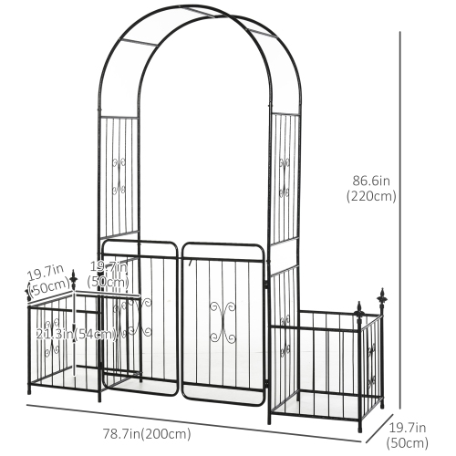 Outsunny 7.2FT Metal Garden Arch with Gate, 2 Side Planter Baskets, Garden Arbor Archway Trellis for Roses and Climbing Plants, Black