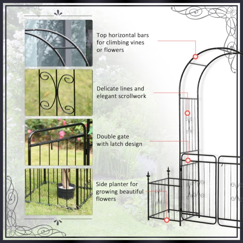 Outsunny 7.2FT Metal Garden Arch with Gate, 2 Side Planter Baskets, Garden Arbor Archway Trellis for Roses and Climbing Plants, Black