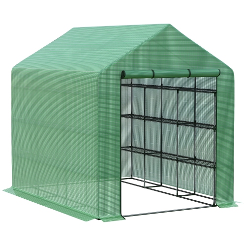 Outsunny 8' x 6' x 7' Portable Walk-In Greenhouse Hot House with 18 Shelves, Water/UV Resistant Weather Cover, & Roll Up Door