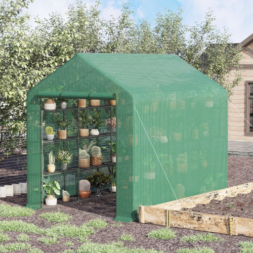 Outsunny 8' x 6' x 7' Portable Walk-In Greenhouse Hot House with 18 Shelves, Water/UV Resistant Weather Cover, & Roll Up Door