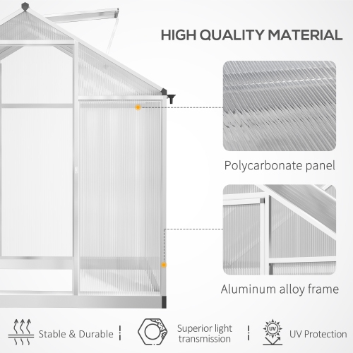 Outsunny 6' x 8' x 6.4' Polycarbonate Greenhouse, Aluminum Walk-In Green House Kit Garden, Plants Grow with Rain Gutter and Roof Vent, Silver