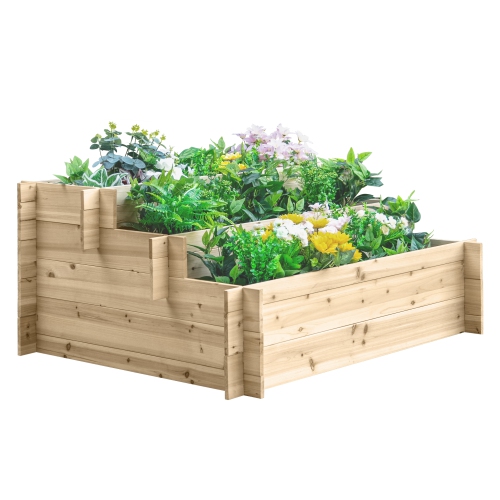 OUTSUNNY  3-Tier Wood Raised Garden Bed, Elevated Planting Box, Outdoor Vegetable Flower Container, Herb Garden Indoor Kit, Natural