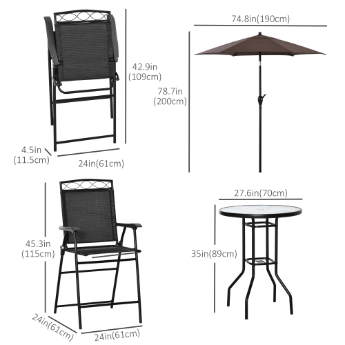 Outsunny 4 Piece Patio Bar Set, Sling Folding Outdoor Furniture with Brown Umbrella for Poolside, Backyard and Garden, Black